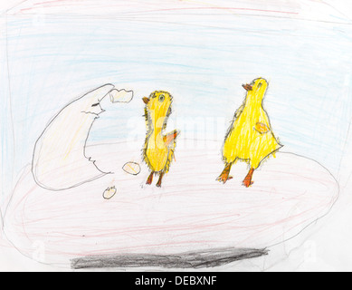 Dessin enfant - jaune poussins éclos des oeufs Banque D'Images