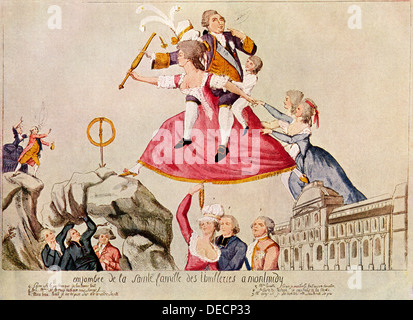 Caricature du roi français Louis XVI et son fils à cheval sur le dos de Marie Antoinette, 1792. Lithographie couleur Banque D'Images