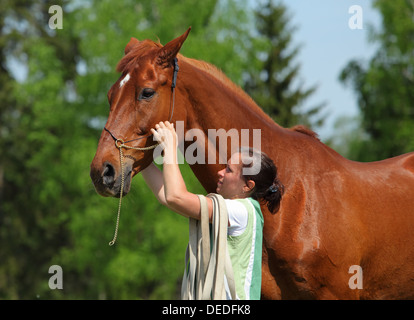 Portrait de la belle fille qui se toiletter son cheval contre l'arbre vert Banque D'Images