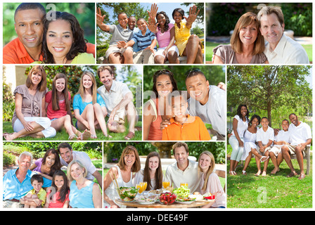 Les familles multiculturelles des mères, pères, fils, filles, grands-parents en dehors de l'amusement dans le soleil d'été manger rire Banque D'Images