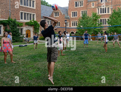 Les étudiants de l'université de Yale à l'école d'été jouer volley-ball pick up après le dîner au collège résidentiel Calhoun. Banque D'Images