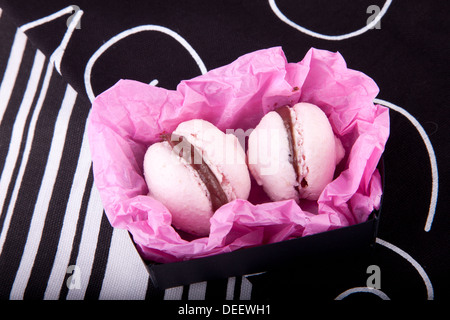 Deux macarons roses dans la case en noir et blanc Banque D'Images