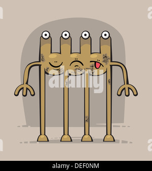 Cute funny Monster à trois têtes, quatre yeux, visage différent expressions et quatre longues jambes Banque D'Images
