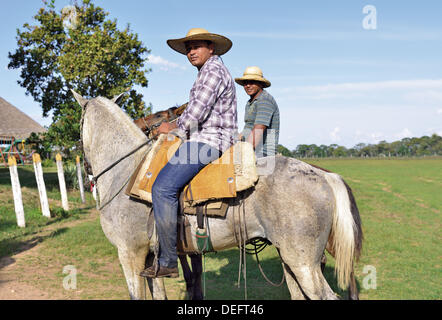 Brésil, Mato Grosso, Pantanal, peoes, chevaux, cow-boys, Voyage, tourisme, l'agriculture, l'homme, deux cowboys brésiliens sur les chevaux, brésil 2014, le Pousada Piuval, Fazenda Ipiranga, Pousadas sur la route Transpantaneira, Banque D'Images