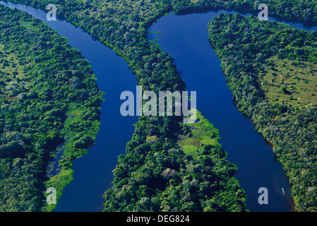 Brésil, Pantanal : Vue aérienne de la rivière Claro et pluie forêt près de Poconé Banque D'Images