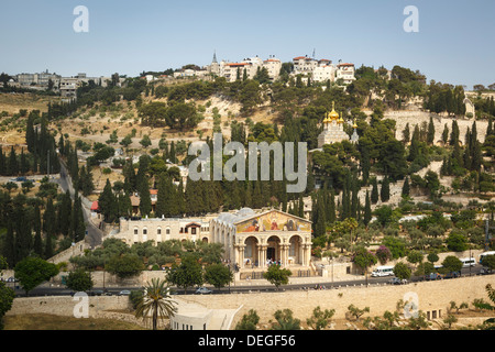 Vue sur la basilique de l'Agonie, Gethsémané, et l'église de Maria Magdalena, Mont des Oliviers, Jérusalem, Israël, Moyen Orient Banque D'Images