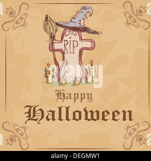 Vector illustration. Pierre tombale avec un chapeau de sorcière et balai. Halloween Banque D'Images