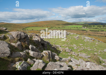 Vue nord sur l'ajonc couverts à flanc de Dartmoor en baisse par Corndon Sharp Tor. Les affleurements de granit de Tor en premier plan. Banque D'Images