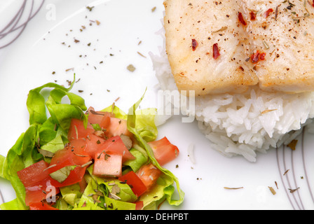 Silure aux herbes aromatiques, riz et salade Banque D'Images
