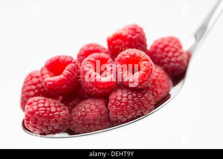 Une poignée de délicieux, frais, sain et appétissantes framboises disposés sur une grande cuillère en argent Banque D'Images