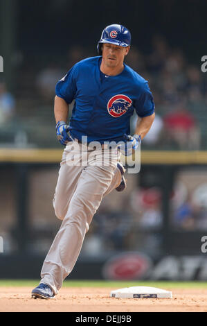 19 septembre 2013 - Milwaukee, Wisconsin, États-Unis d'Amérique - Septembre 19th, 2013 : Chicago Cubs voltigeur gauche Brian Bogusevic # 47 perruque à champ central au cours de la partie de baseball de ligue majeure entre les Milwaukee Brewers et les Cubs de Chicago au Miller Park de Milwaukee, WI. Les Brasseurs de plomb Cubs 5-1 dans la 9e manche. John Fisher/CSM Banque D'Images