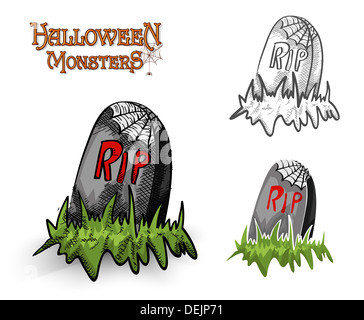 Pierres tombales Spooky Halloween monstres illustration jeu. Fichier vectoriel EPS10 organisé en couches pour l'édition facile. Banque D'Images