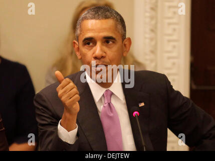 Washington DC, USA. 19e Septembre, 2013. Le président des États-Unis Barack Obama prononce une allocution lors d'une réunion de son conseil d'exportation dans le Eisenhower Executive Office Building à Washington, DC Le 19 septembre 2013. Crédit : Yuri Gripas / Piscine via CNP Crédit : afp photo alliance/Alamy Live News Banque D'Images