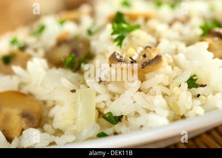 Le risotto aux champignons avec le persil (Selective Focus, se concentrer sur l'avant de la tranche de champignons au milieu) Banque D'Images