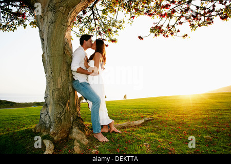 Couple kissing by tree in park Banque D'Images
