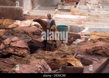 L'homme travaillant en tannerie à Marrakech, Maroc Banque D'Images