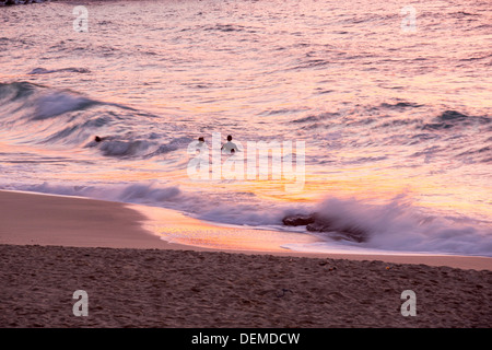 Les surfeurs sur la plage de Porthmeor à St Ives, Cornwall, UK, au coucher du soleil. Banque D'Images