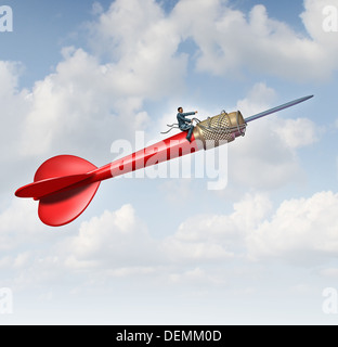 Le leadership et l'objectif d'une gestion ciblée business concept avec un homme assis sur un géant volant de direction et directeurs dart rouge la direction à l'aide d'un faisceau à reech l'objectif prévu à la carrière et à la réussite de l'entreprise. Banque D'Images