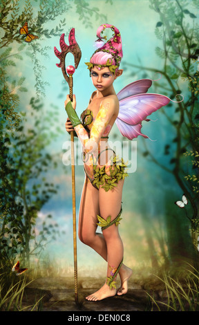 L'infographie 3D d'une fée mignon avec un bâton magique et les ailes de papillon Banque D'Images