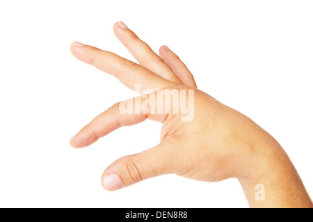 Homme adulte main pour tenir quelque chose d'isolé sur fond blanc Banque D'Images
