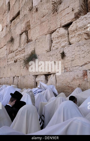 Israël, Jérusalem. 22 septembre 2013. Les adorateurs juifs qui participent à la messe semestrielle 'birkat kohanim' ou 'bénédiction sacerdotale' qui a lieu pendant Soukkot et Pesach (Pâque) au Kotel à Jérusalem le 22 septembre 2013. Des dizaines de milliers de fidèles ont envahi la place Kotel (mur de l'Ouest) pour des prières matinales, le cinquième jour du festival de Sukkot. Le service a vu des milliers de kohanim - membres des familles sacerdotales d'Israël - bénir la foule rassemblée dans un spectacle d'unité et de célébration. Photographe : Eddie Gerald/Alay Live News Banque D'Images