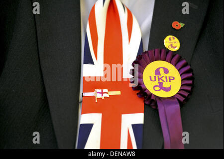 Londres, Royaume-Uni. 21e Août, 2013. La cravate Union Jack très patriotique d'un partisan de l'UKIP lors de la conférence de 2013 tenue à la Methodist Central Hall de Westminster. Crédit : Michael Preston/Alamy Live News Banque D'Images