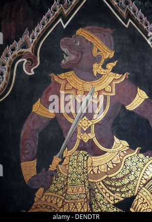 Hanuman représenté dans le détail de la peinture murale du temple, Bangkok, Thaïlande Banque D'Images