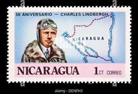 Timbre-poste représentant du Nicaragua, Charles Lindbergh Banque D'Images