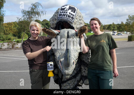 Knowsley Safari Park Journée Mondiale de Rhino. 22 Septembre, 2013. Laura Davidson, 18 ans, Leah Drury, 28 avec Claire Danie, 26 portant le costume de rhinocéros au 'Save the Rhino' événement à Knowsley Safari Park, Liverpool, quand les jardins zoologiques, réserves et organisations à travers le monde fait campagne pour sensibiliser le public à la protection de braconnage de rhinocéros mortelle une crise qui continue de menacer les animaux d'Afrique et d'Asie. Cornes de rhinocéros sont évalués le marché noir international pour soi-disant 'medicinal' valeurs, une demande qui menace leur survie même. Banque D'Images