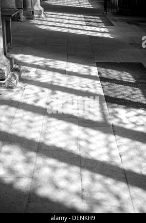 Ombres projetées par les fenêtres du cloître de la cathédrale. Banque D'Images