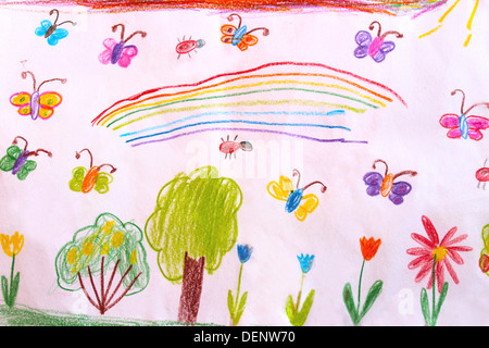 De dessins d'enfants multicolores avec papillons et fleurs Banque D'Images