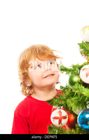 Happy 3 ans garçon closeup portrait near Christmas Tree Banque D'Images