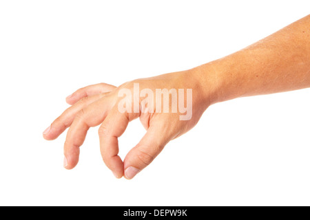 Homme adulte main pour tenir quelque chose d'isolé sur fond blanc Banque D'Images