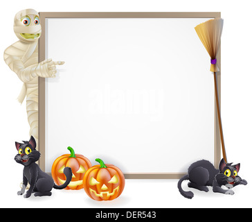 Signe ou la bannière d'Halloween avec des citrouilles d'Halloween orange et noir, les chats de la sorcière witch's broom stick et cartoon mommy monster Banque D'Images