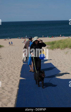 Les touristes quittent la Race Point Beach à Provincetown, MA après une journée au soleil avec leur chien. Blue Note mat utilisé pour prévenir l'érosion Banque D'Images