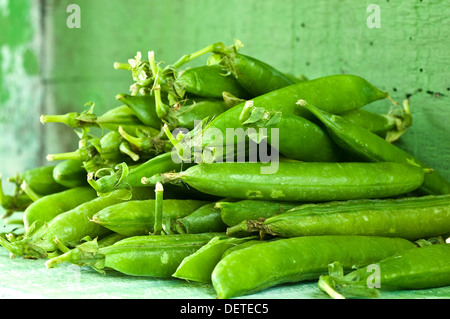 Un tas de pois frais gousses non ouverte à l'encontre d'un bois vert. Banque D'Images