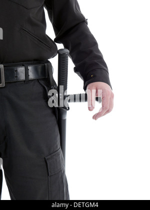 La sécurité de la main de l'homme reposant sur police club attaché à son côté, shot on white Banque D'Images