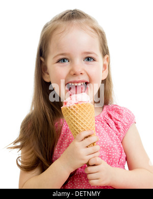 Smiling kid girl eating ice cream isolated Banque D'Images