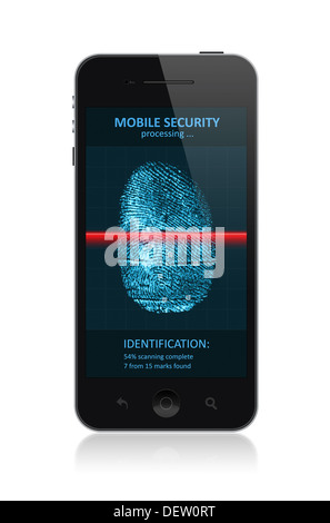 Illustration de haute qualité smartphone moderne avec numérisation de empreinte digitale sur un écran. Isolé sur fond blanc. Banque D'Images