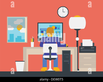 Élégant design plat vector illustration de manager le travail avec ordinateur dans l'espace de bureau moderne. Banque D'Images