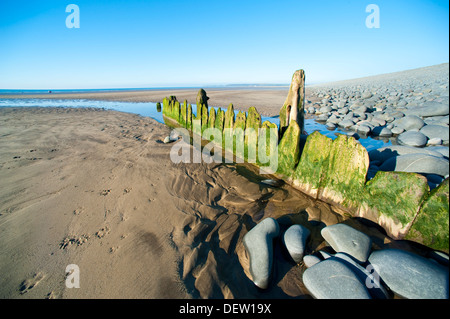 Brise-lames qui pourrissent sur la plage à Westward Ho !, Devon, England, UK Banque D'Images