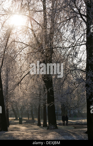 Couple walking in 'Oosterpark' park sur un matin d'hiver dans l'Est Amsterdam, Pays-Bas. Banque D'Images