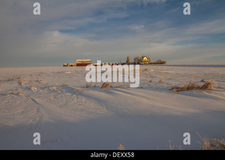 Jolie image panoramique, de l'espace rural et agricole des prairies, cour, avec le vent, la neige soufflée couverts & dérivé domaine contre ciel bleu et nuages Banque D'Images