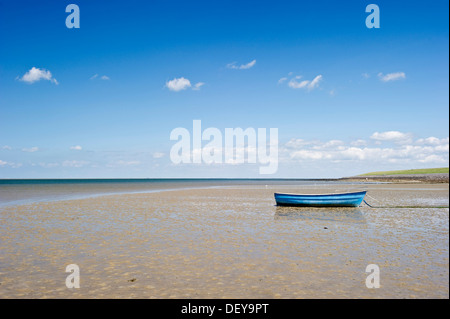 Bateau à rames bleu sur la plage de Utersum, Foehr, l'île de Frise du Nord, Schleswig-Holstein Banque D'Images