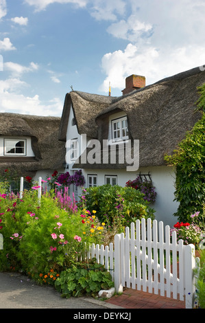 Maison au toit de chaume avec un Chalet jardin, Nebel, Amrum, au nord de l'archipel Frison, Schleswig-Holstein, Allemagne Banque D'Images