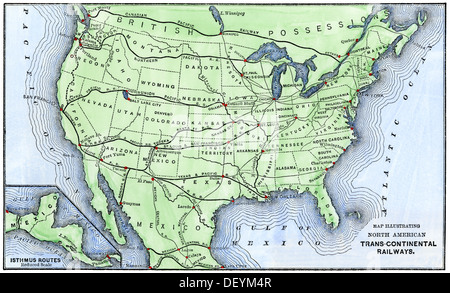 Carte des chemins de fer transcontinentaux en Amérique du Nord, fin des années 1800. À la main, gravure sur bois Banque D'Images