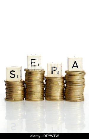 Course de SEPA sur pièces, procédures SEPA monétaire, SEPA-Schriftzug auf Geldmünzen, SEPA-Verfahren Banque D'Images