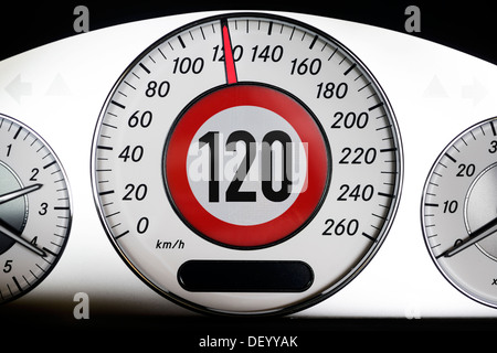 Autospeedometer avec 120 km/h, la vitesse limite sur les autoroutes, Autotacho bei 120 km/h, Tempolimit auf Autobahnen Banque D'Images