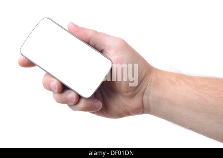 Male hand holding a smart phone with clipping path pour insérer concevoir isolé sur fond blanc Banque D'Images