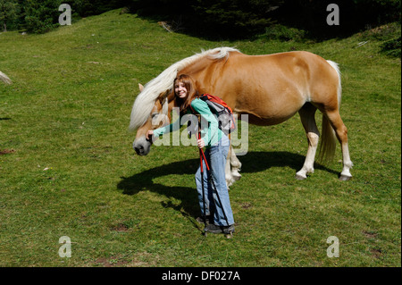 Randonnées fille avec un cheval Haflinger dans un pâturage, près de Raschoetz près de Saint Ulrich ou Ortisei, vallée de Val Gardena ou Groednertal Banque D'Images